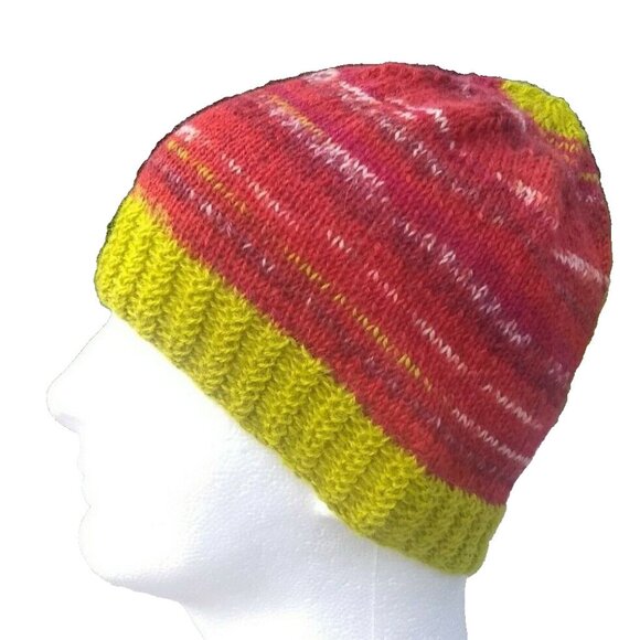 Handmade Other - Mens Alpaca Wool Beanie Skully Hand Knit Hat Light Thin Faux Fair Isle Green Red